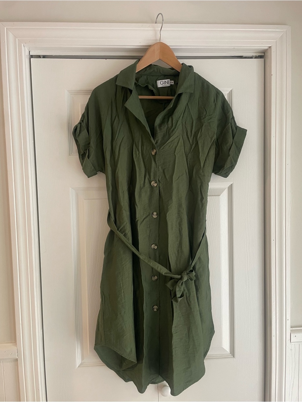 Olive Green Button-Down Shirt Dress with Waist Tie